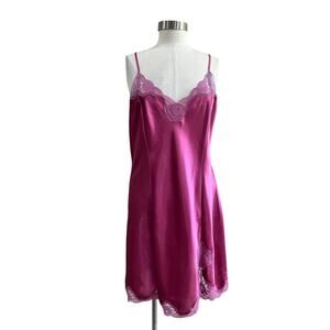 Vintage Satin Slip Dress Pink Lace Trim Maxi Nightgown Size L